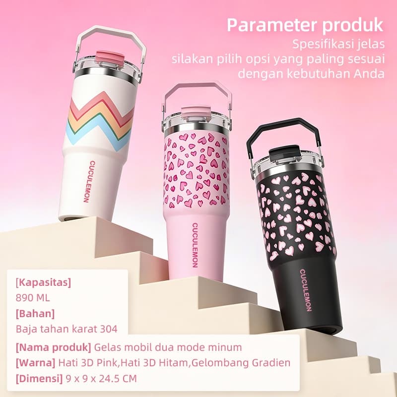 Cuculemon Tumbler Stainless 304 890ml Termos kopi 2 Mode Minum Motif Hati Multiwarna Botol Minum